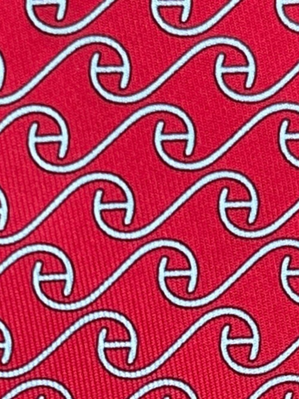 HERMES TIE ~ CHERRY RED WHITE CURVED H LOGO HORSE BRIDLE STIRRUP CHAIN LINKS XL